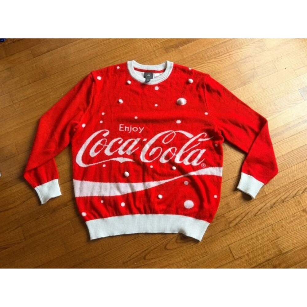 H&M Coca-Cola Ugly Christmas Sweater Mens XL Red Snow Pom Pom Holiday Knit Coke